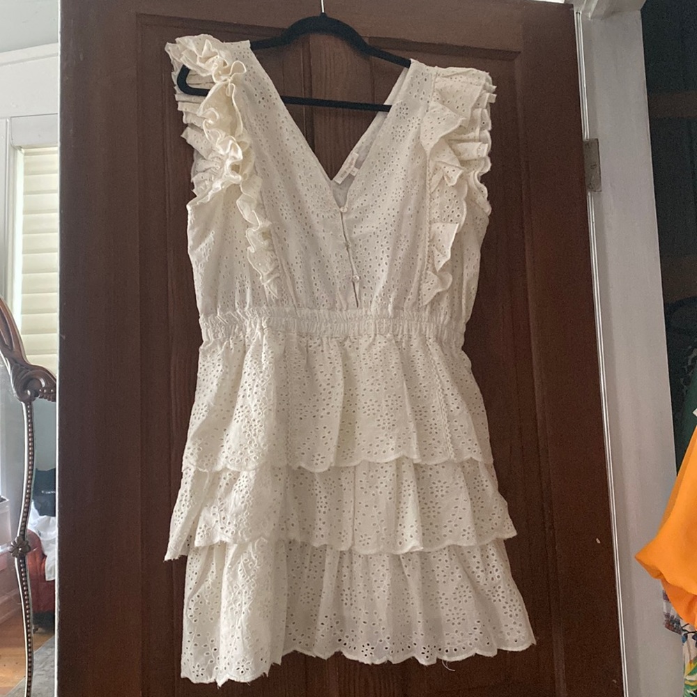 Love the Label Tiered Eyelet Mini Dress Size L ecrue Cotton